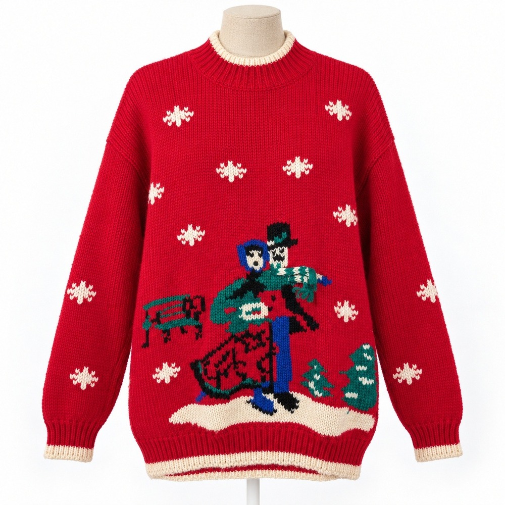 Vintage 90s Hand Knit Skating Ugly Sweater Size L Red Winter Chunky Christmas